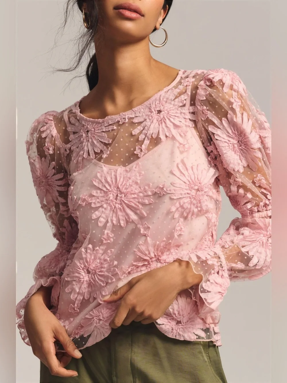 NWT Anthropologie Eva Franco Pink Lace Floral Boho Blouse Size Medium